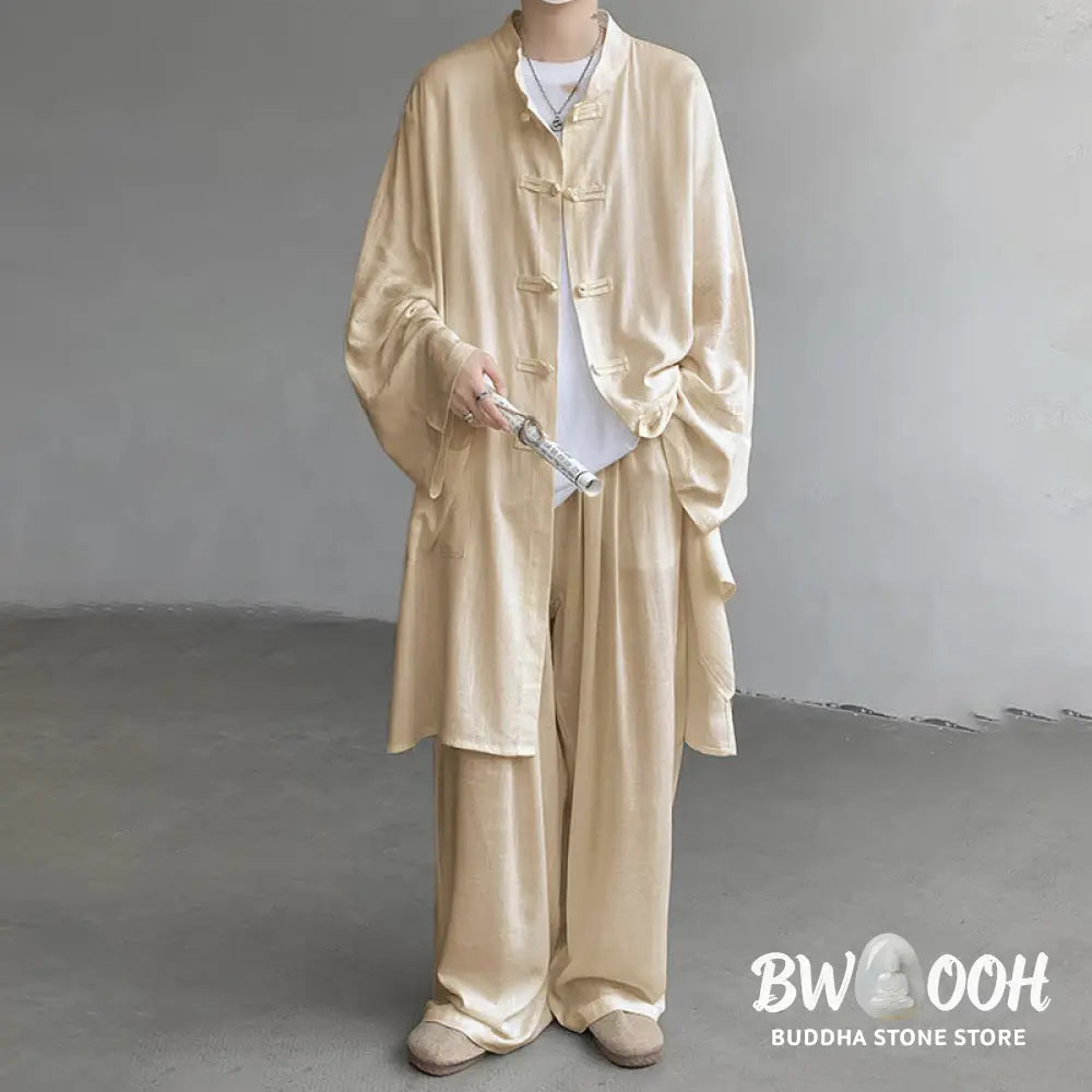 Buddha Stones 2Pcs Men’s Long Sleeve Frog-Button Shirt Pants Meditation Zen Cotton Clothing Set - Men’s Meditation Cloth