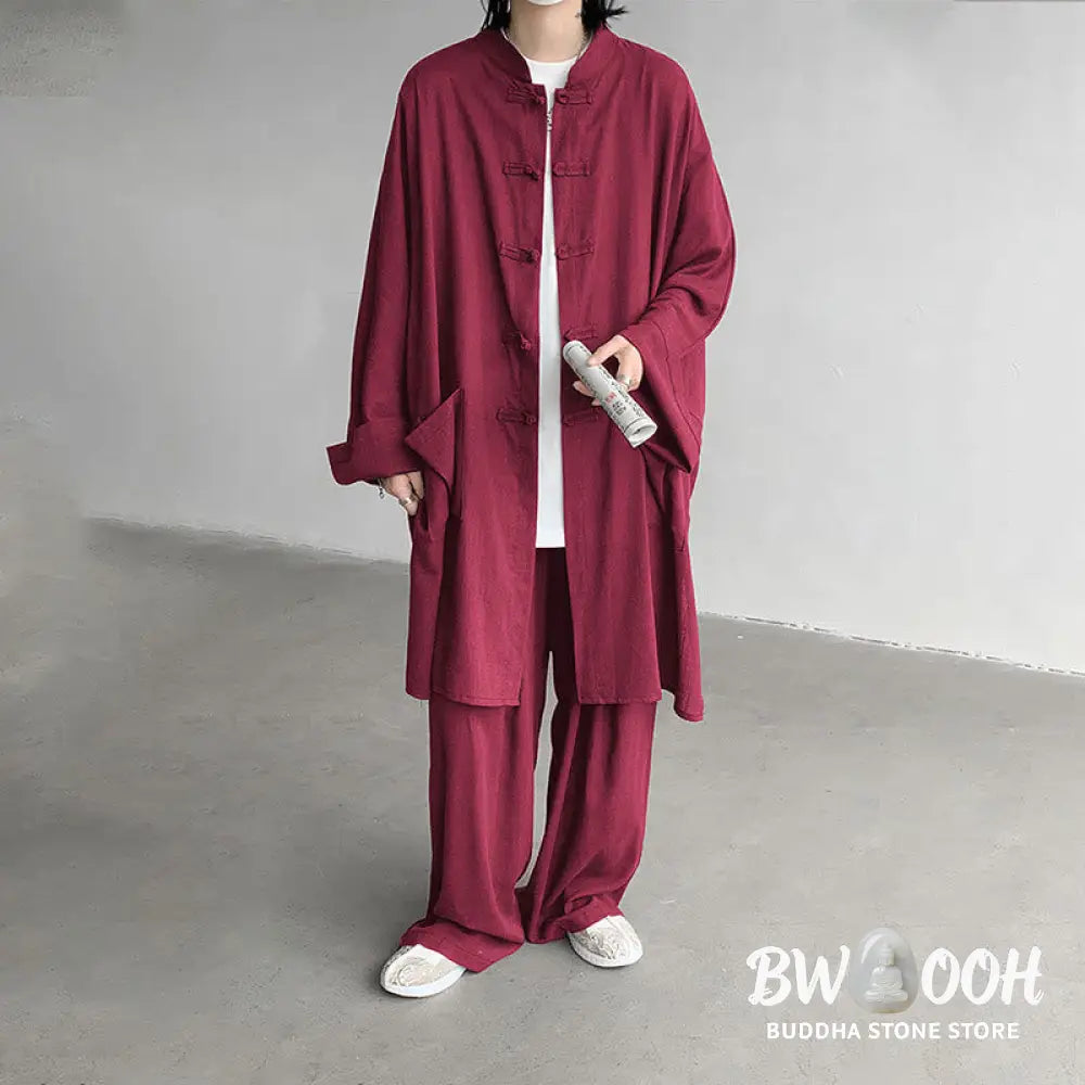 Buddha Stones 2Pcs Men’s Long Sleeve Frog-Button Shirt Pants Meditation Zen Cotton Clothing Set - Men’s Meditation Cloth