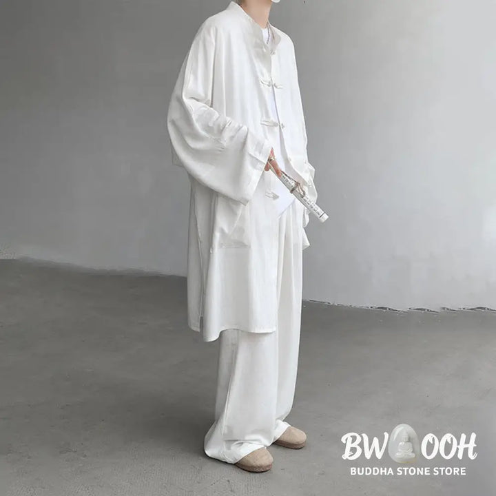 Buddha Stones 2Pcs Men’s Long Sleeve Frog-Button Shirt Pants Meditation Zen Cotton Clothing Set - Men’s Meditation Cloth