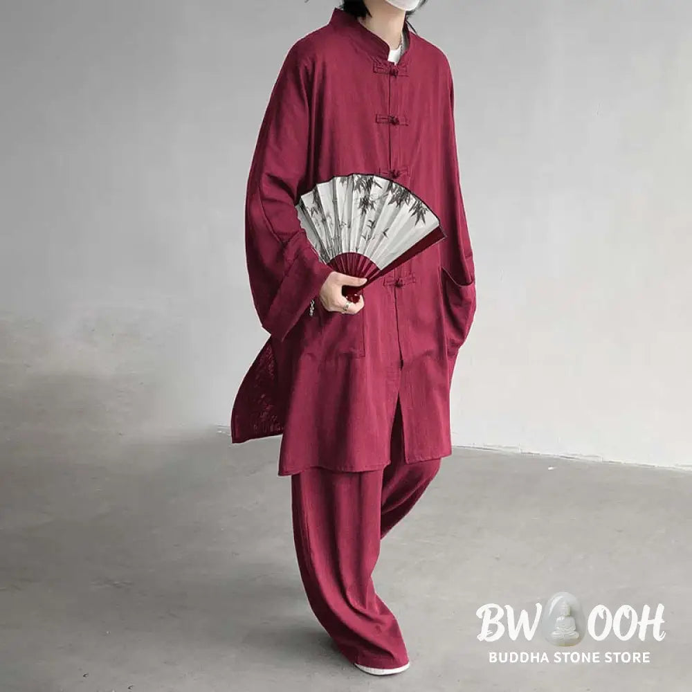 Buddha Stones 2Pcs Men’s Long Sleeve Frog-Button Shirt Pants Meditation Zen Cotton Clothing Set - Men’s Meditation Cloth