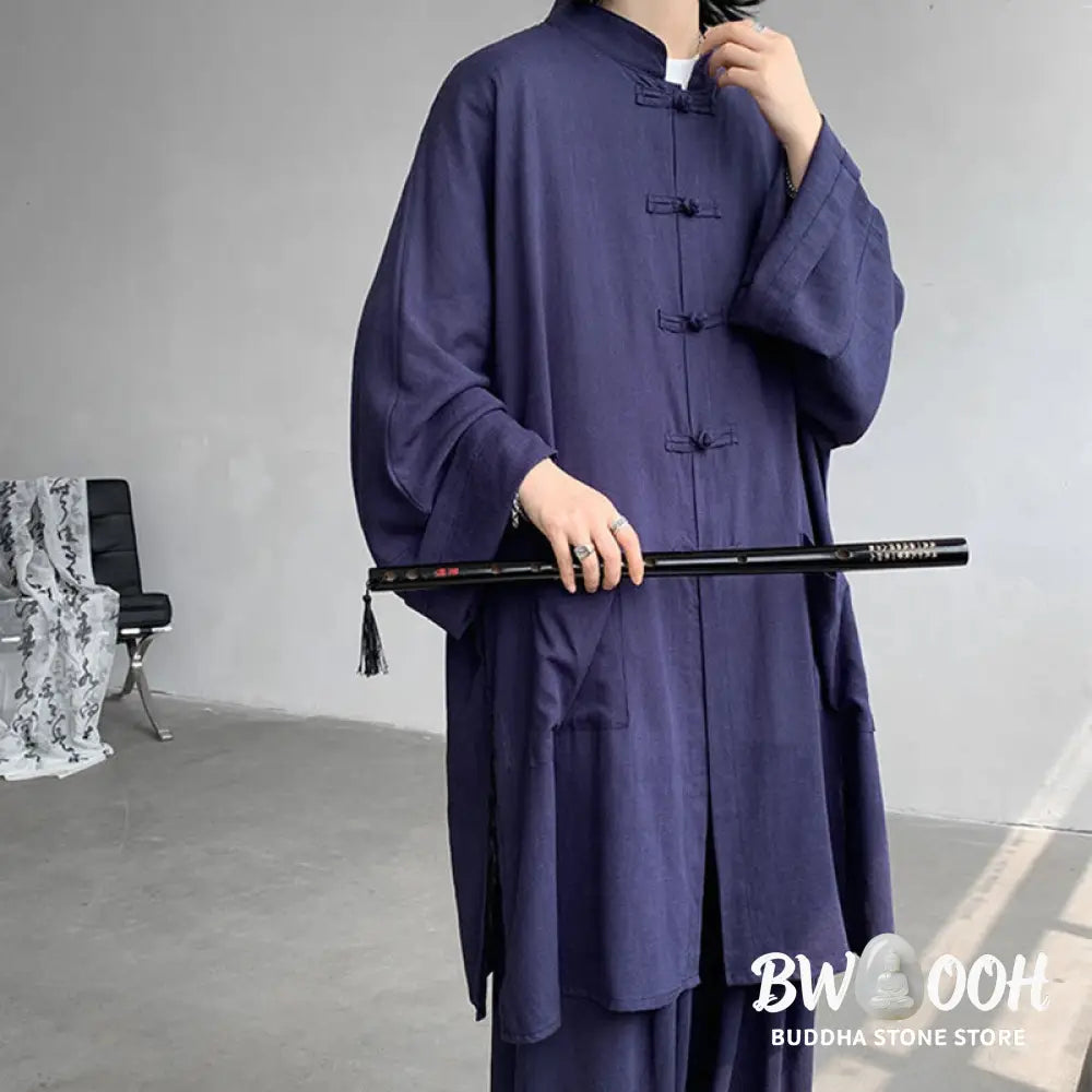 Buddha Stones 2Pcs Men’s Long Sleeve Frog-Button Shirt Pants Meditation Zen Cotton Clothing Set - Men’s Meditation Cloth