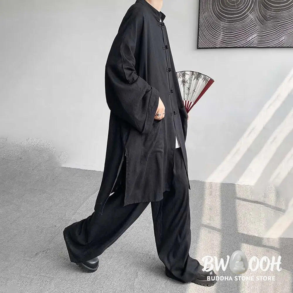 Buddha Stones 2Pcs Men’s Long Sleeve Frog-Button Shirt Pants Meditation Zen Cotton Clothing Set - Men’s Meditation Cloth