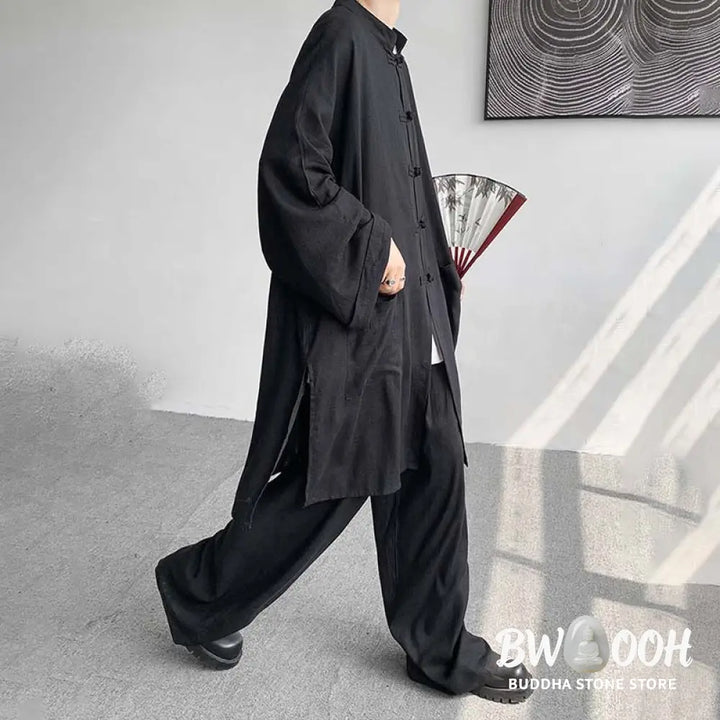 Buddha Stones 2Pcs Men’s Long Sleeve Frog-Button Shirt Pants Meditation Zen Cotton Clothing Set - Men’s Meditation Cloth