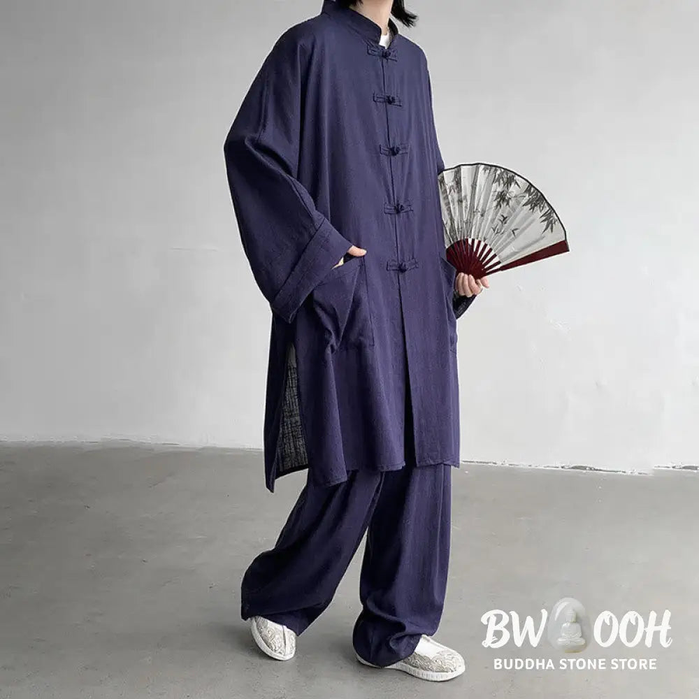 Buddha Stones 2Pcs Men’s Long Sleeve Frog-Button Shirt Pants Meditation Zen Cotton Clothing Set - Men’s Meditation Cloth