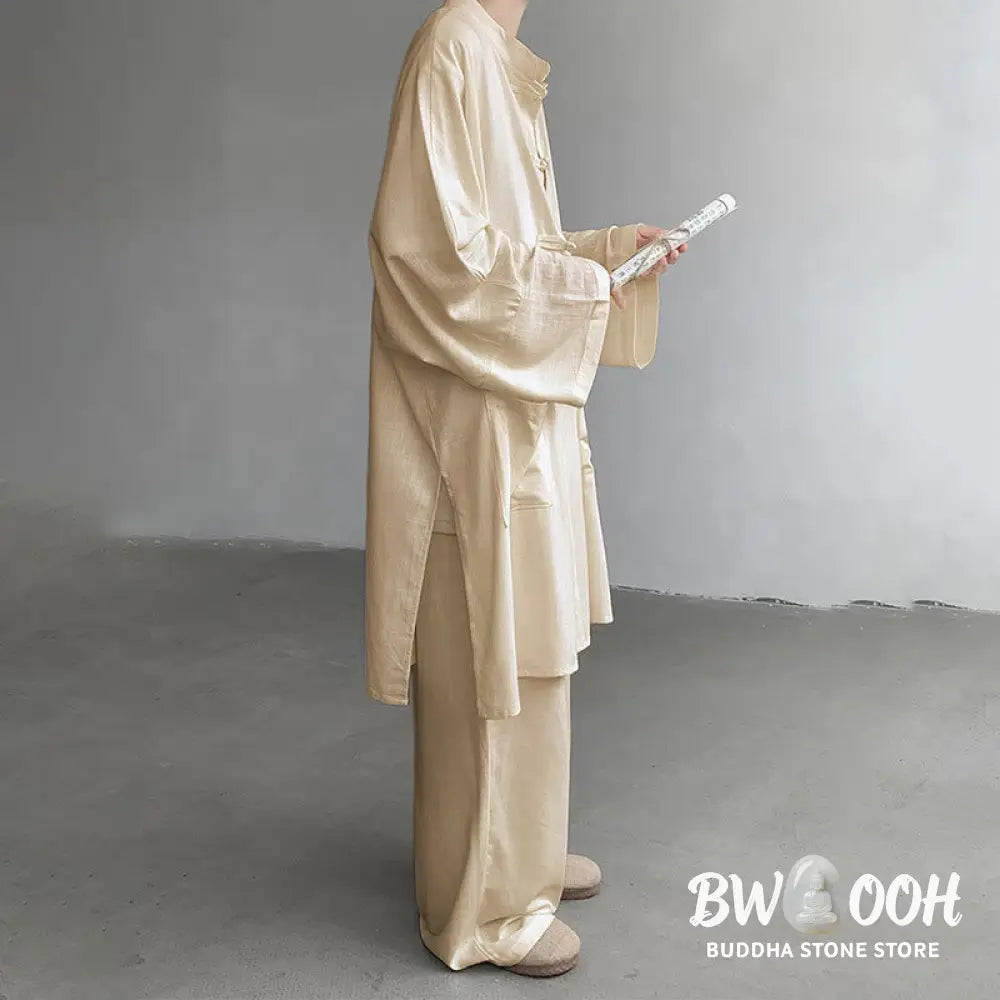 Buddha Stones 2Pcs Men’s Long Sleeve Frog-Button Shirt Pants Meditation Zen Cotton Clothing Set - Men’s Meditation Cloth