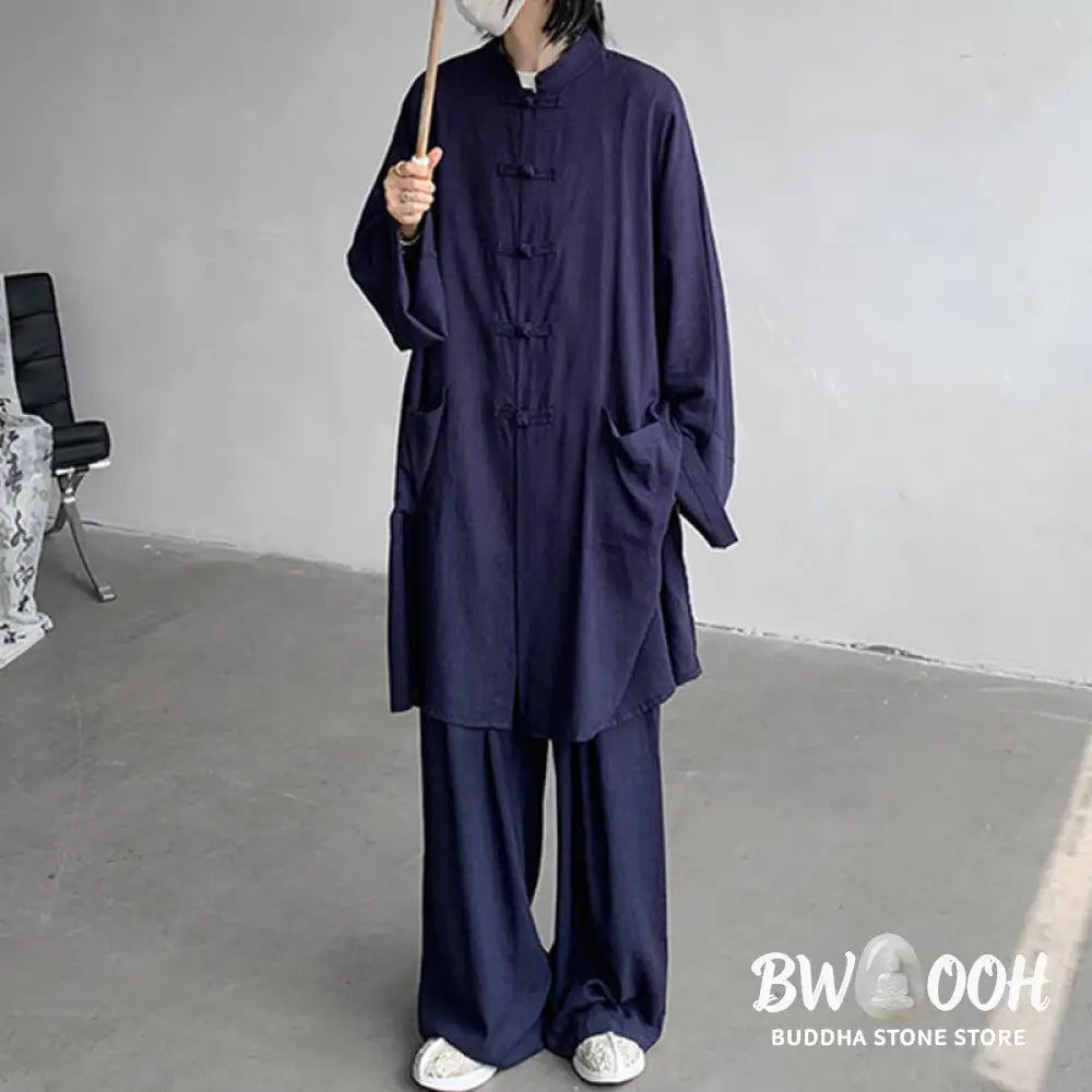 Buddha Stones 2Pcs Men’s Long Sleeve Frog-Button Shirt Pants Meditation Zen Cotton Clothing Set - Men’s Meditation Cloth