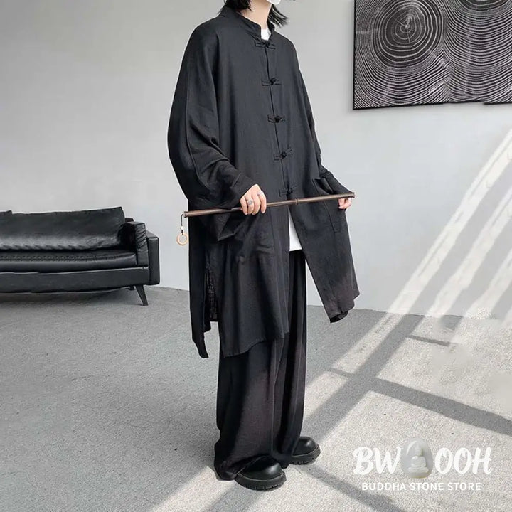 Buddha Stones 2Pcs Men’s Long Sleeve Frog-Button Shirt Pants Meditation Zen Cotton Clothing Set - Men’s Meditation Cloth