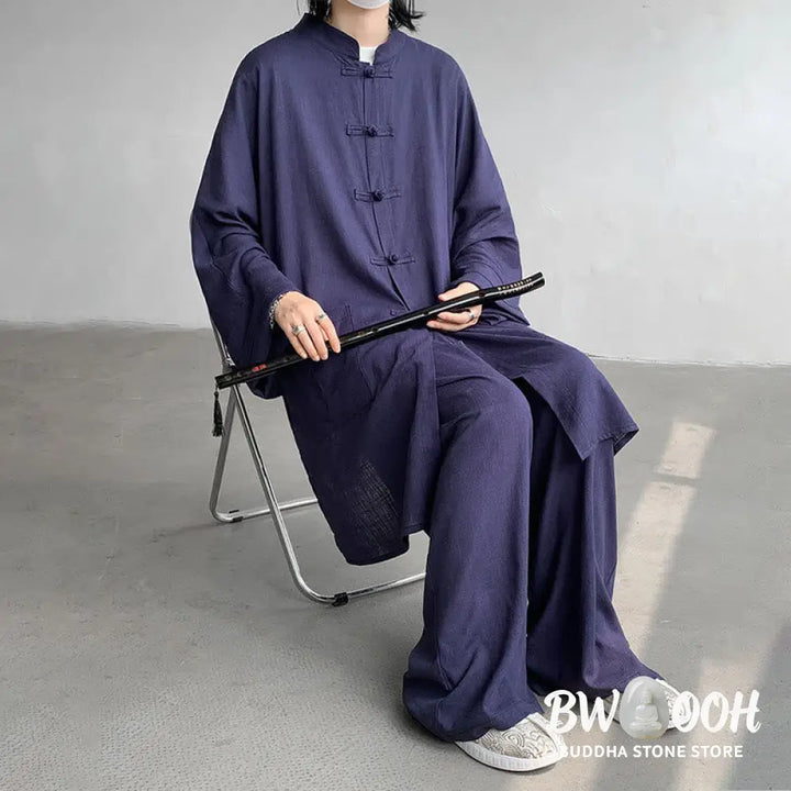 Buddha Stones 2Pcs Men’s Long Sleeve Frog-Button Shirt Pants Meditation Zen Cotton Clothing Set - Men’s Meditation Cloth