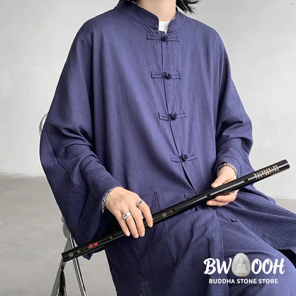 Buddha Stones 2Pcs Men’s Long Sleeve Frog-Button Shirt Pants Meditation Zen Cotton Clothing Set - Men’s Meditation Cloth