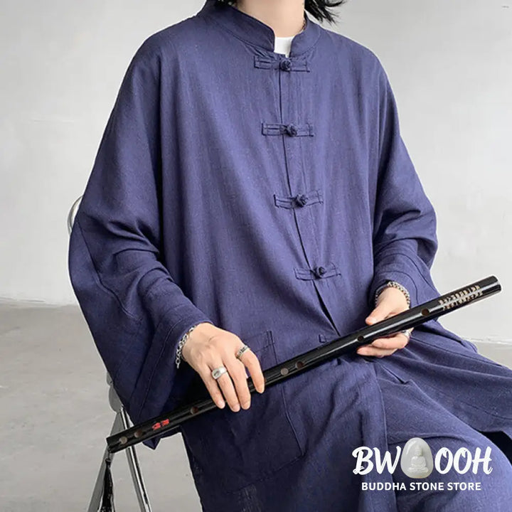 Buddha Stones 2Pcs Men’s Long Sleeve Frog-Button Shirt Pants Meditation Zen Cotton Clothing Set - Men’s Meditation Cloth