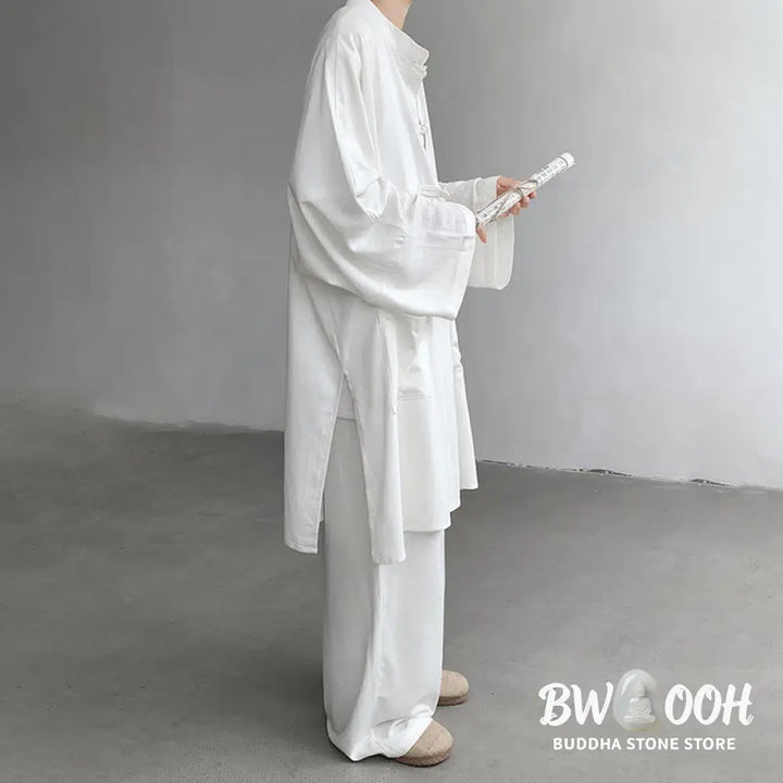 Buddha Stones 2Pcs Men’s Long Sleeve Frog-Button Shirt Pants Meditation Zen Cotton Clothing Set - Men’s Meditation Cloth