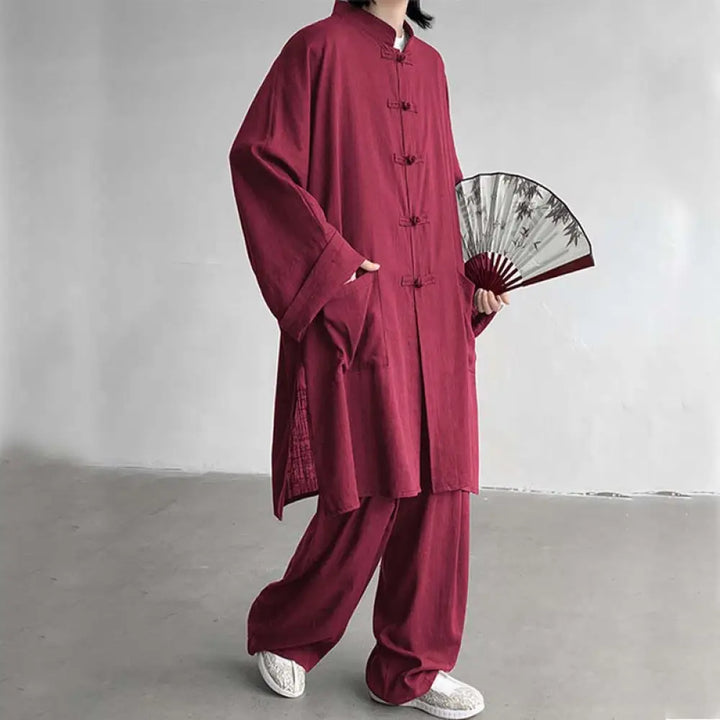 Buddha Stones 2Pcs Men’s Long Sleeve Frog-Button Shirt Pants Meditation Zen Cotton Clothing Set - FireBrick