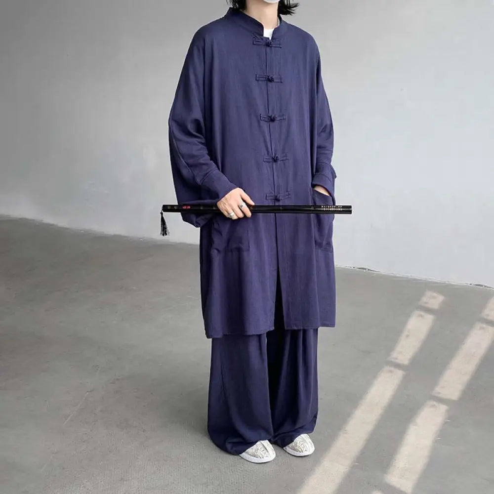 Buddha Stones 2Pcs Men’s Long Sleeve Frog-Button Shirt Pants Meditation Zen Cotton Clothing Set - SteelBlue