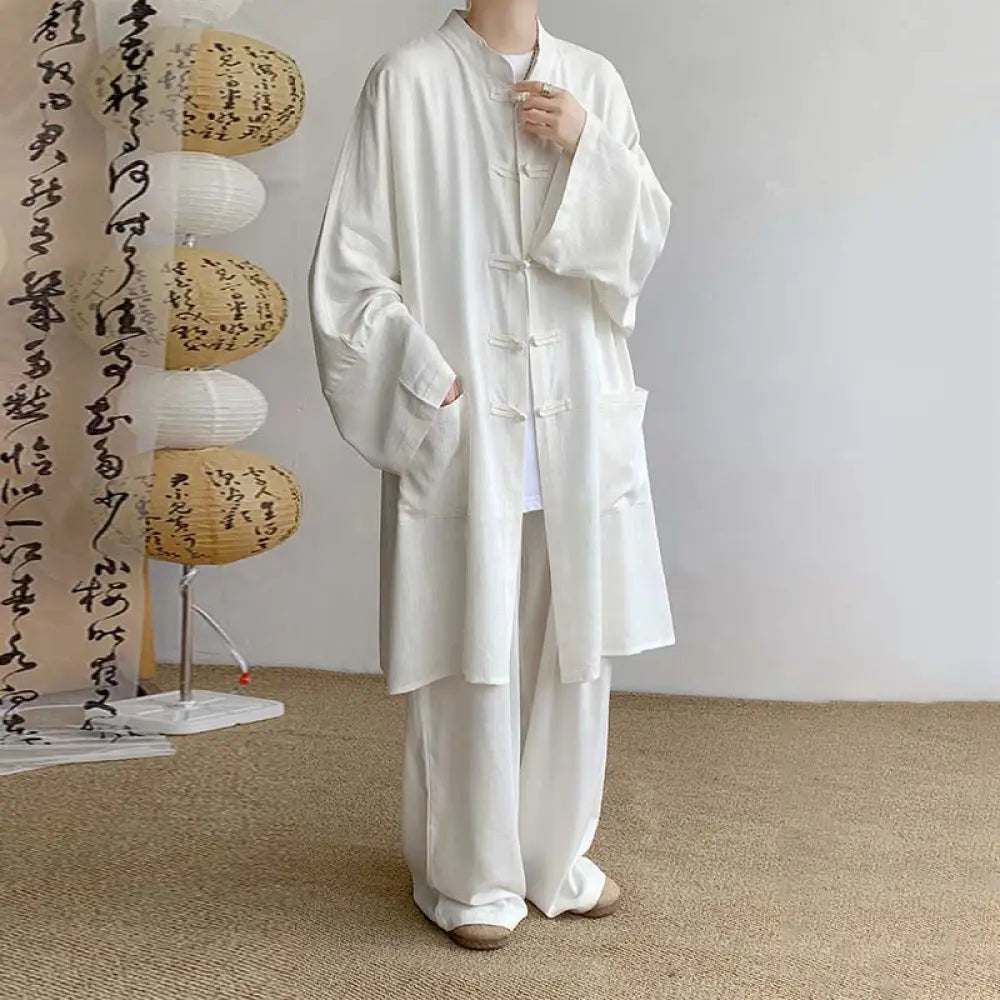 Buddha Stones 2Pcs Men’s Long Sleeve Frog-Button Shirt Pants Meditation Zen Cotton Clothing Set - White