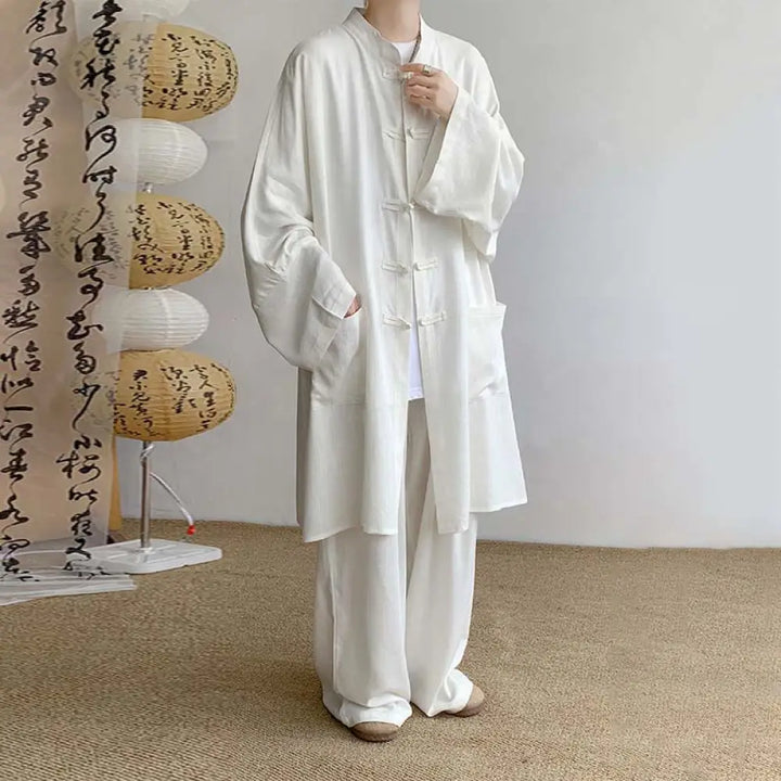 Buddha Stones 2Pcs Men’s Long Sleeve Frog-Button Shirt Pants Meditation Zen Cotton Clothing Set - White