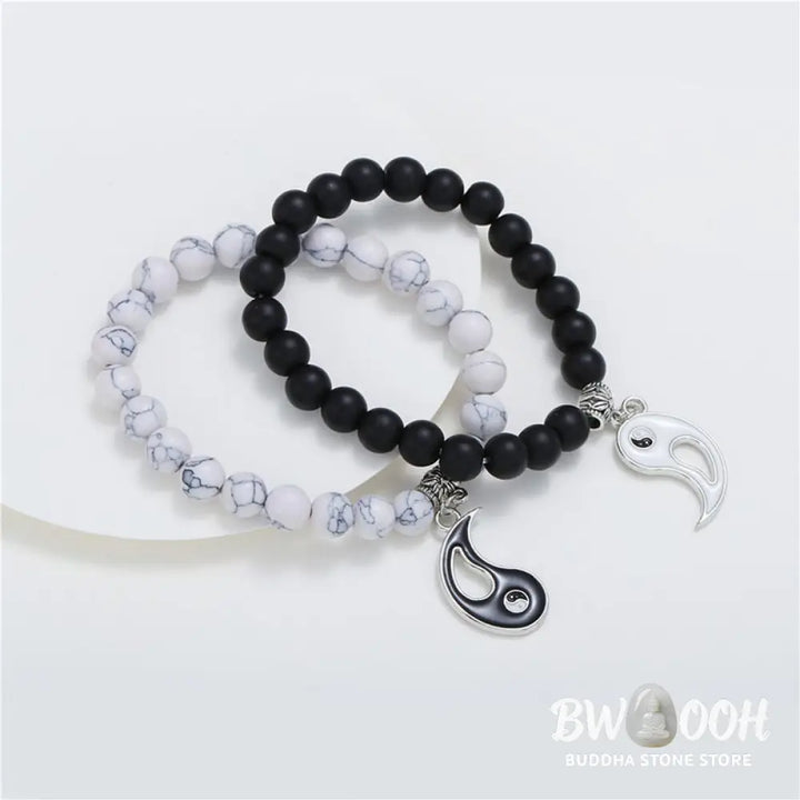 Buddha Stones 2pcs Natural Black Onyx White Turquoise Bead Yin Yang Couple Bracelet - BWOOOH - Black Onyx White