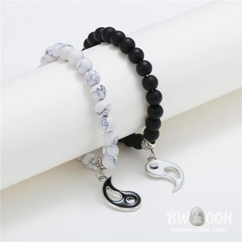 Buddha Stones 2pcs Natural Black Onyx White Turquoise Bead Yin Yang Couple Bracelet - BWOOOH - Black Onyx White