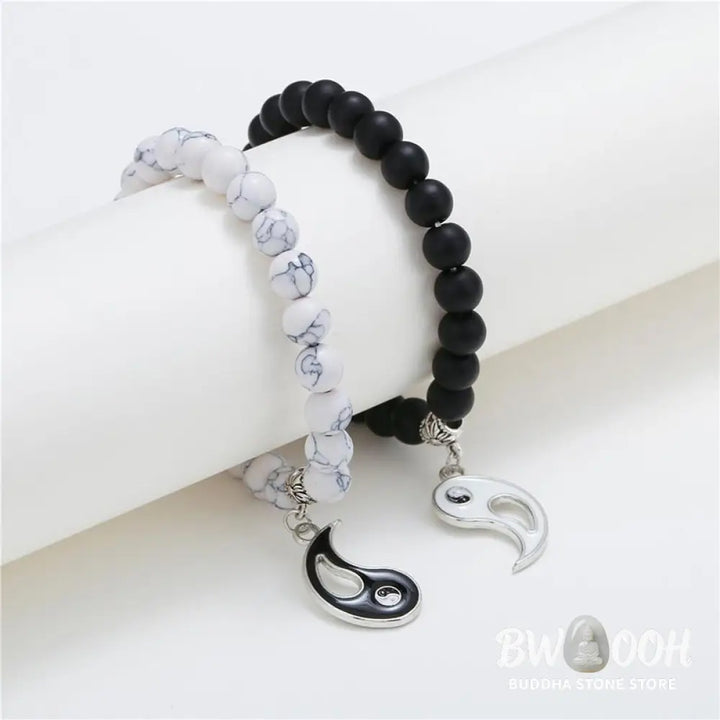 Buddha Stones 2pcs Natural Black Onyx White Turquoise Bead Yin Yang Couple Bracelet - BWOOOH - Black Onyx White