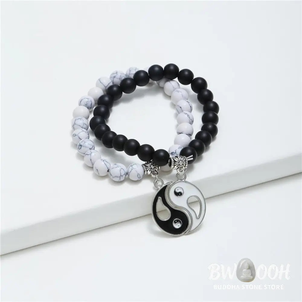 Buddha Stones 2pcs Natural Black Onyx White Turquoise Bead Yin Yang Couple Bracelet - BWOOOH - Black Onyx White