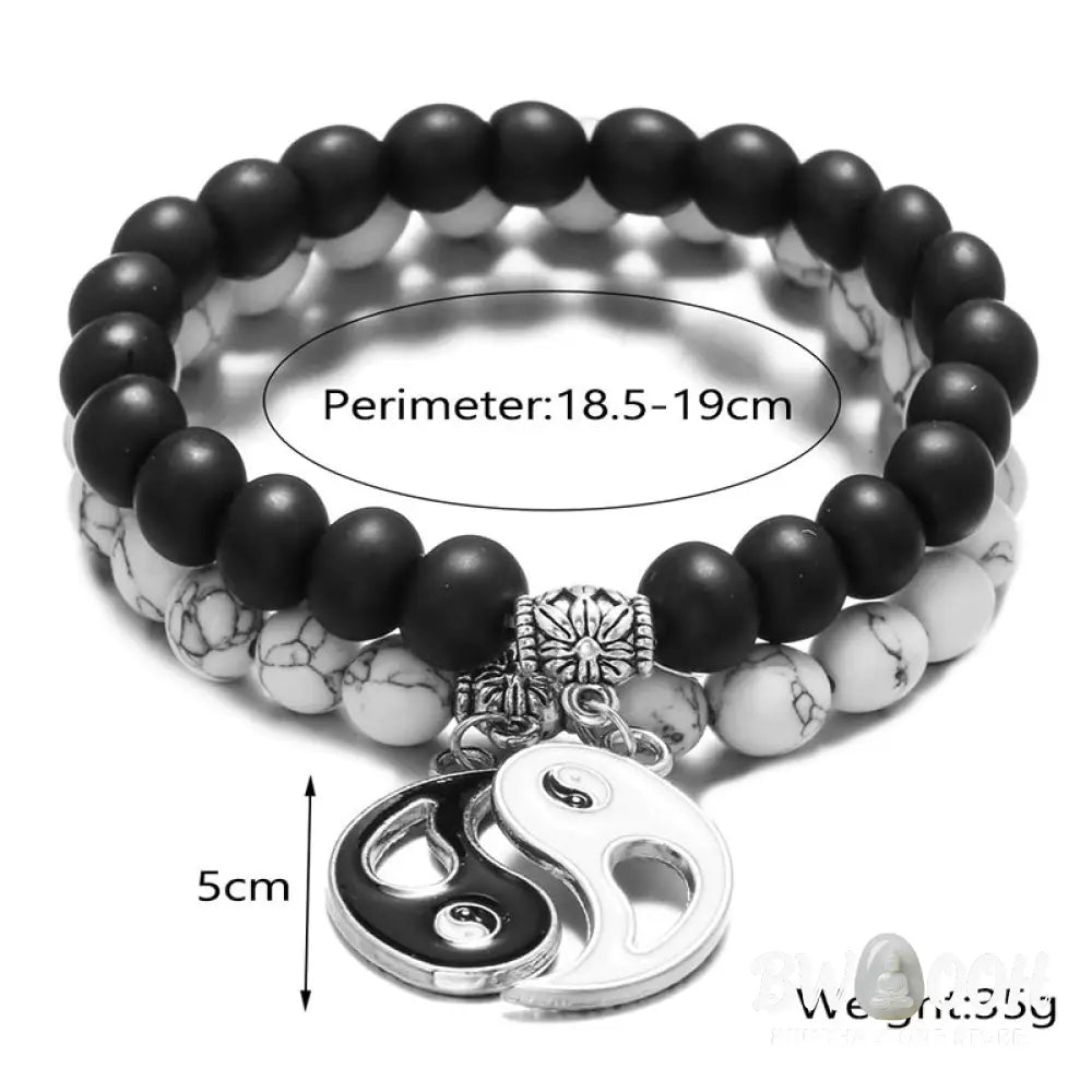 Buddha Stones 2pcs Natural Black Onyx White Turquoise Bead Yin Yang Couple Bracelet - BWOOOH - Black Onyx White