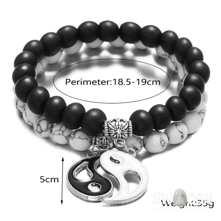 Buddha Stones 2pcs Natural Black Onyx White Turquoise Bead Yin Yang Couple Bracelet - BWOOOH - Black Onyx White