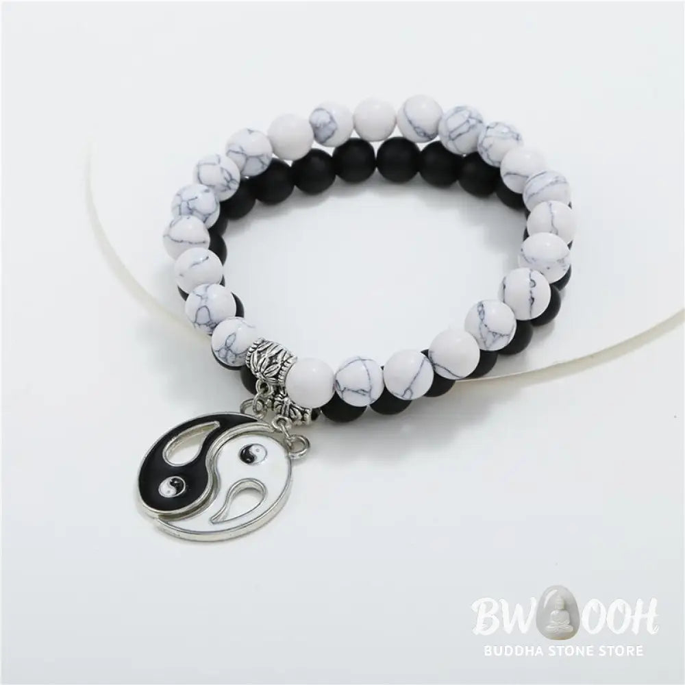Buddha Stones 2pcs Natural Black Onyx White Turquoise Bead Yin Yang Couple Bracelet - BWOOOH - Black Onyx White