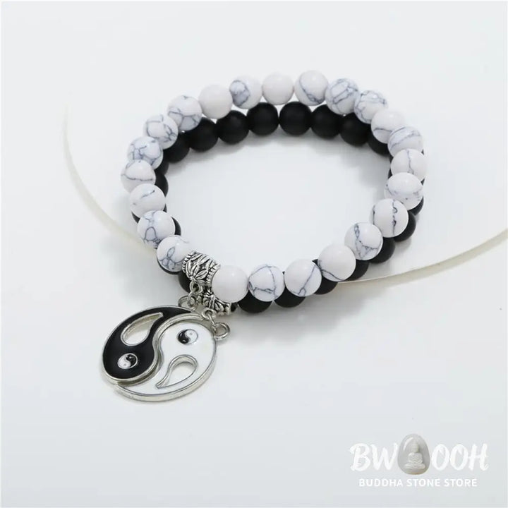Buddha Stones 2pcs Natural Black Onyx White Turquoise Bead Yin Yang Couple Bracelet - BWOOOH - Black Onyx White