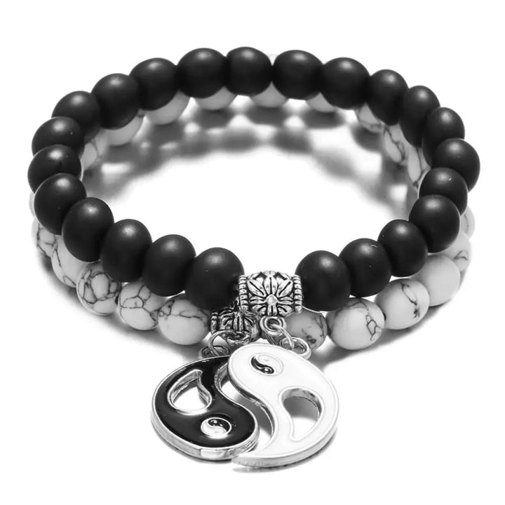 Buddha Stones 2pcs Natural Black Onyx White Turquoise Bead Yin Yang Couple Bracelet - BWOOOH - Black Onyx White
