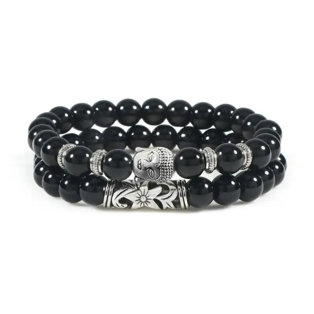 Buddha Stones 2Pcs Natural Crystal Agate Buddha Protection Bracelet - BWOOOH - Black Onyx - Bracelet