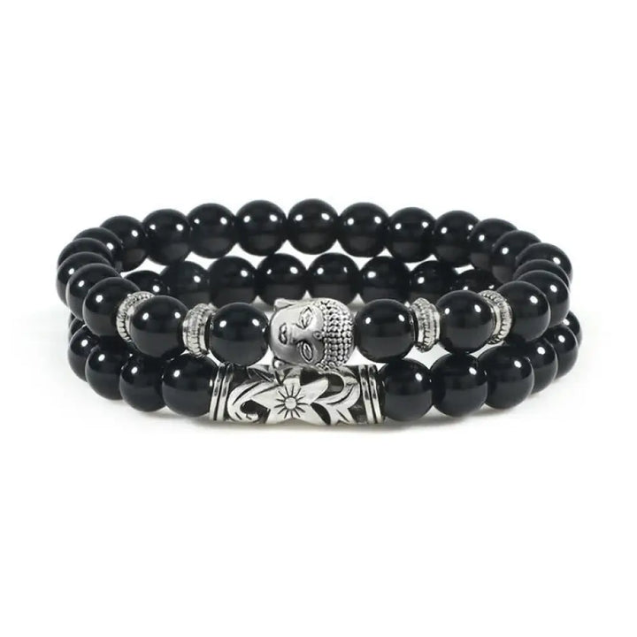 Buddha Stones 2Pcs Natural Crystal Agate Buddha Protection Bracelet - BWOOOH - Black Onyx - Bracelet