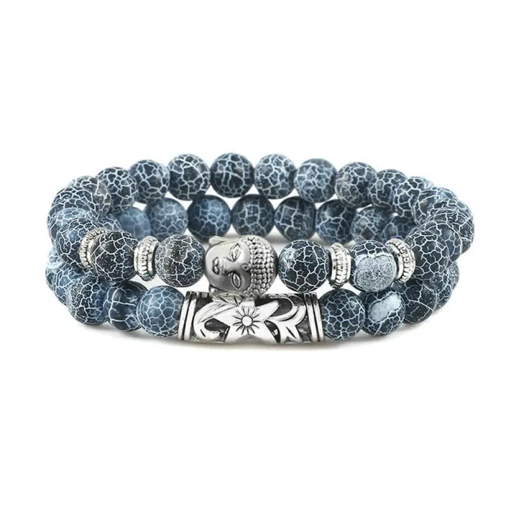 Buddha Stones 2Pcs Natural Crystal Agate Buddha Protection Bracelet - BWOOOH - Blue Weathered Agate - Bracelet
