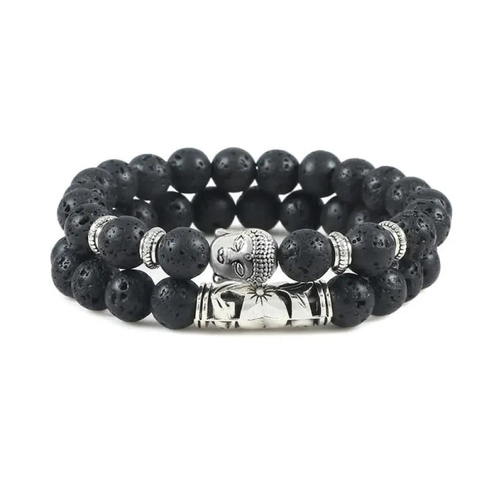 Buddha Stones 2Pcs Natural Crystal Agate Buddha Protection Bracelet - BWOOOH - Lava Rock - Bracelet
