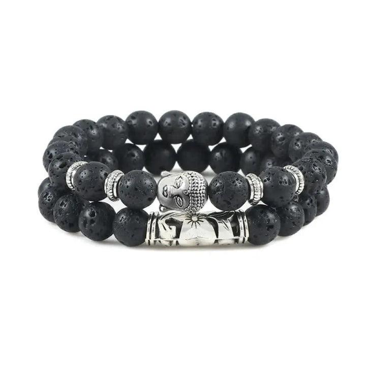 Buddha Stones 2Pcs Natural Crystal Agate Buddha Protection Bracelet - BWOOOH - Lava Rock - Bracelet