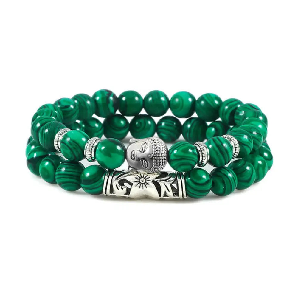 Buddha Stones 2Pcs Natural Crystal Agate Buddha Protection Bracelet - BWOOOH - Malachite - Bracelet