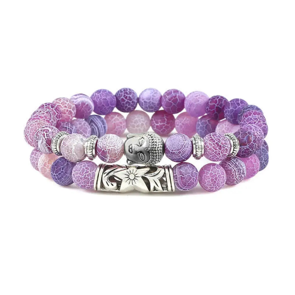 Buddha Stones 2Pcs Natural Crystal Agate Buddha Protection Bracelet - BWOOOH - Purple Weathered Agate - Bracelet