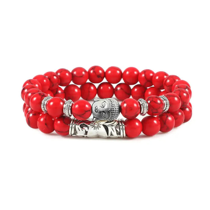 Buddha Stones 2Pcs Natural Crystal Agate Buddha Protection Bracelet - BWOOOH - Red Turquoise - Bracelet