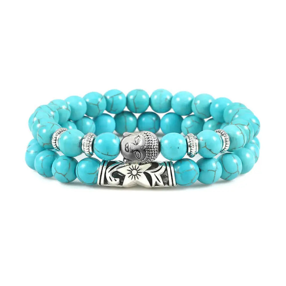 Buddha Stones 2Pcs Natural Crystal Agate Buddha Protection Bracelet - BWOOOH - Turquoise - Bracelet