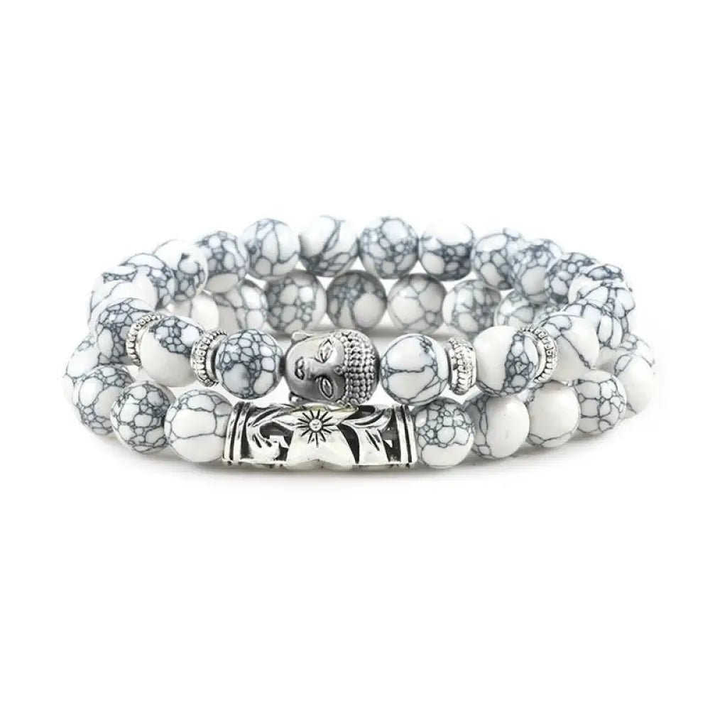 Buddha Stones 2Pcs Natural Crystal Agate Buddha Protection Bracelet - BWOOOH - White Turquoise - Bracelet