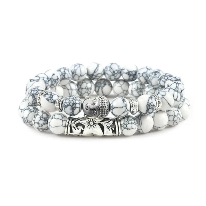 Buddha Stones 2Pcs Natural Crystal Agate Buddha Protection Bracelet - BWOOOH - White Turquoise - Bracelet