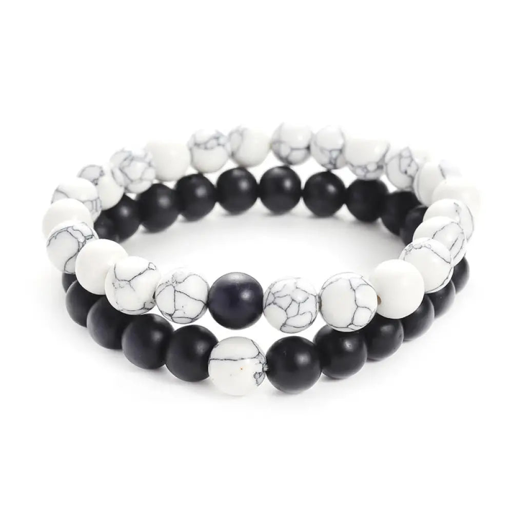 Pair of frosted stone and white turquoise bead couple bracelets