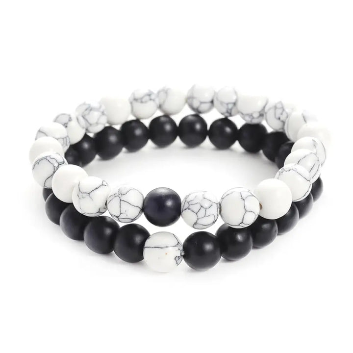 Pair of frosted stone and white turquoise bead couple bracelets