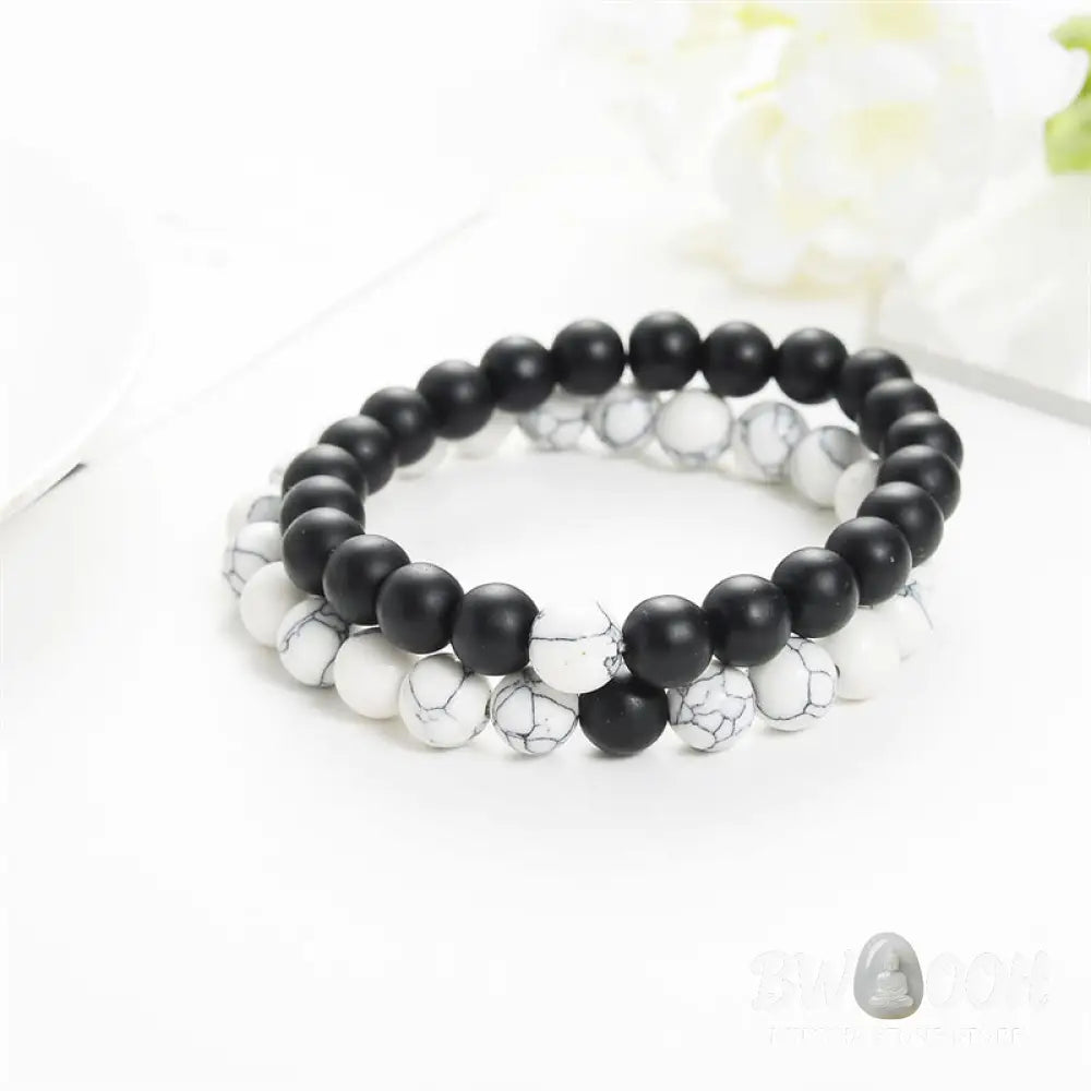 Buddha Stones 2pcs Natural Frosted Stone White Turquoise Bead Couple Bracelet - Frosted Stone&amp;White Turquoise - Bracelet