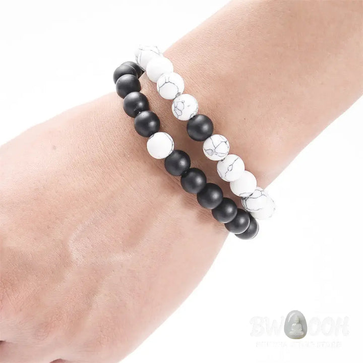 Buddha Stones 2pcs Natural Frosted Stone White Turquoise Bead Couple Bracelet - Frosted Stone&amp;White Turquoise - Bracelet