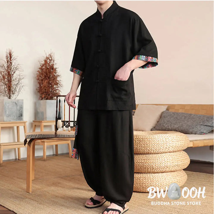 BWOOOH printed wide-leg yoga pants - 2Pcs Patchwork Chinese Frog-Button Shirt