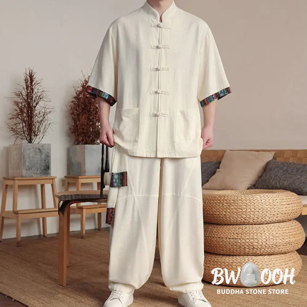 BWOOOH printed wide-leg yoga pants - 2Pcs Patchwork Chinese Frog-Button Shirt