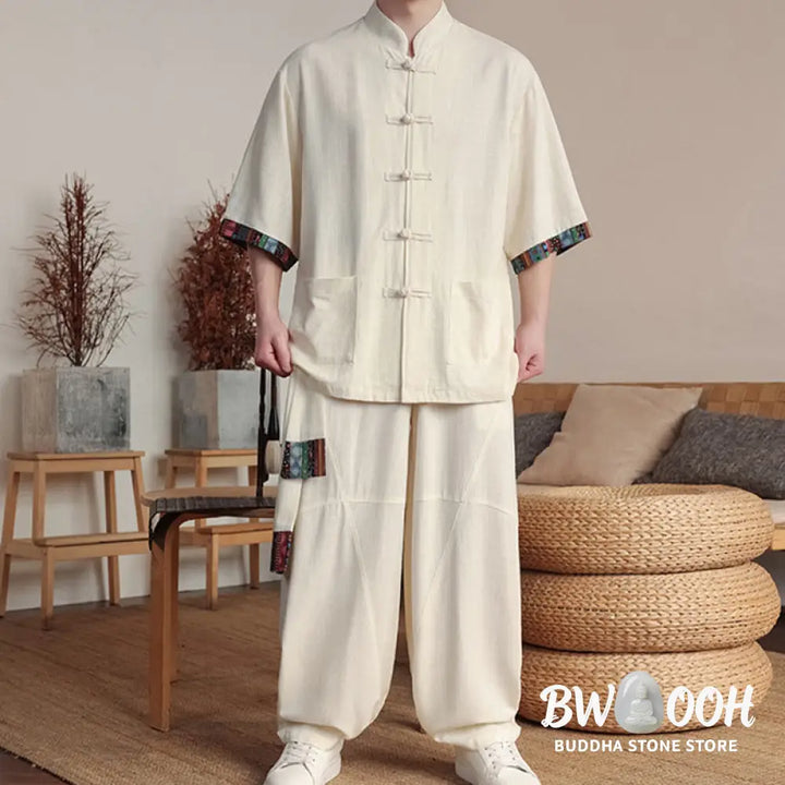 BWOOOH printed wide-leg yoga pants - 2Pcs Patchwork Chinese Frog-Button Shirt