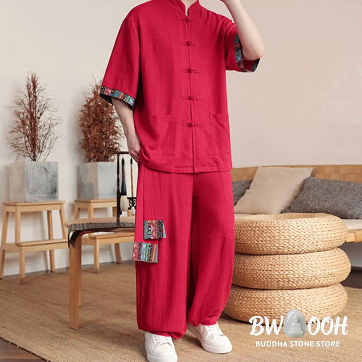 BWOOOH printed wide-leg yoga pants - 2Pcs Patchwork Chinese Frog-Button Shirt