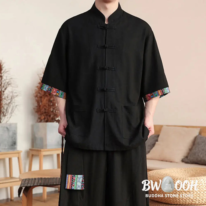 BWOOOH printed wide-leg yoga pants - 2Pcs Patchwork Chinese Frog-Button Shirt