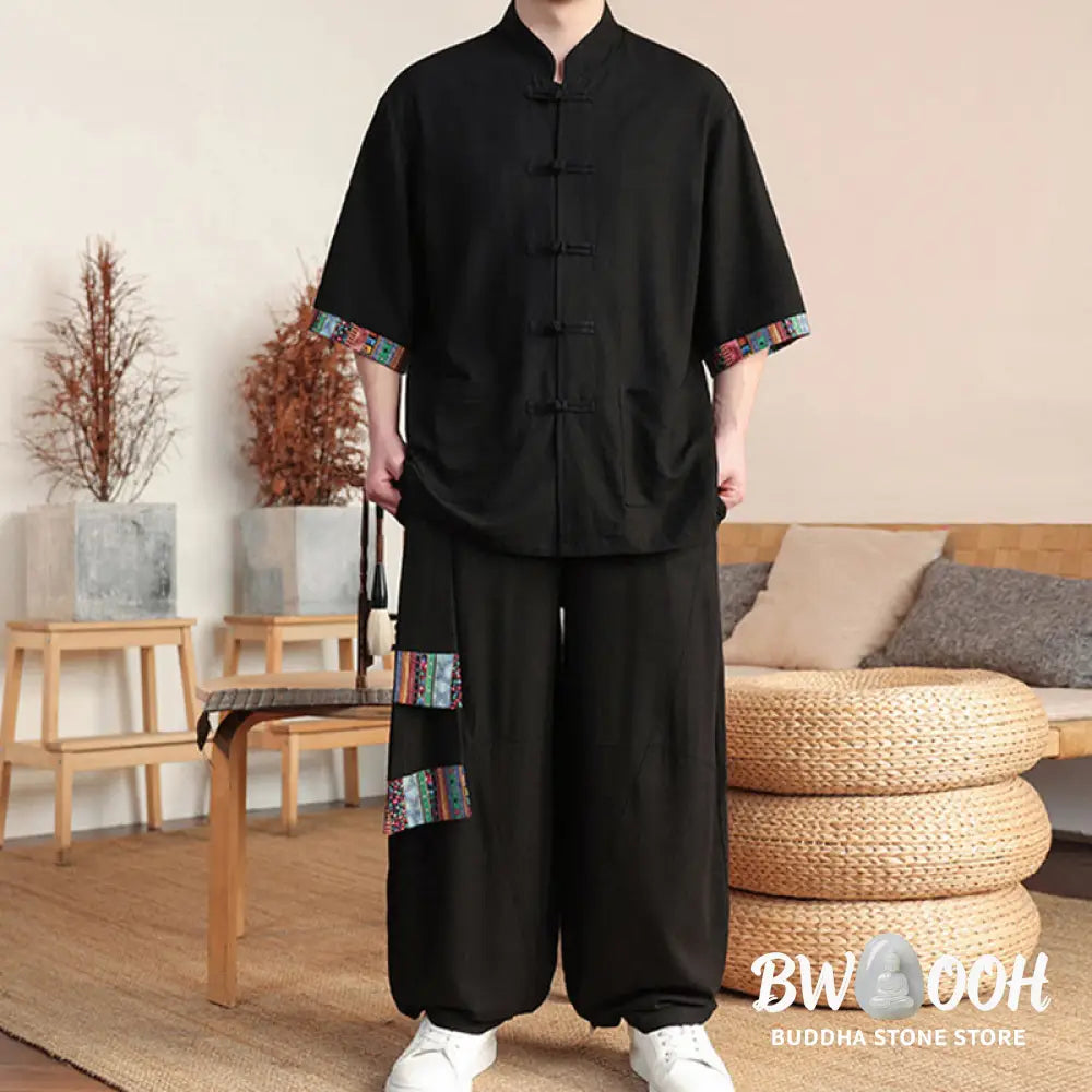 BWOOOH printed wide-leg yoga pants - 2Pcs Patchwork Chinese Frog-Button Shirt