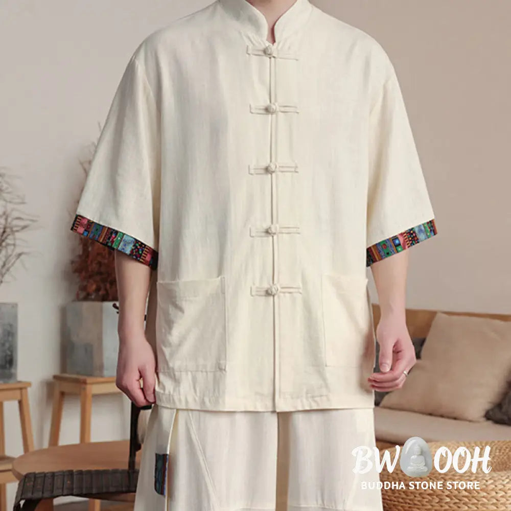 BWOOOH printed wide-leg yoga pants - 2Pcs Patchwork Chinese Frog-Button Shirt